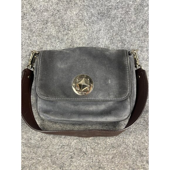 Kate Spade Shoulder Bag Womens Medium Gray Suede Brown Strap Gold Hardware Purse - Picture 1 of 8